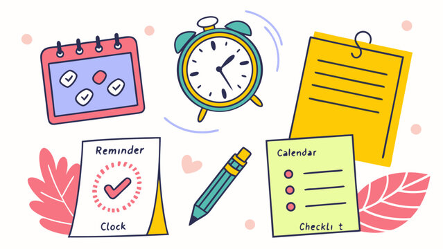 Flat vector illustration of a back-to-school stationery set with essential office and education icons like a book, pen, pencil, notebook, and clock, perfect for web and mobile design