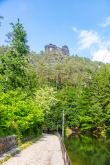 Scenic forest trail leading to the famous Bastei Bridge in Saxon Switzerland, Germany. Surrounded by lush greenery, sandstone cliffs and a small dam, this popular route offers pure hiking charm