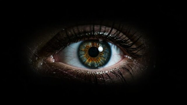 Close-up of a human eye with vibrant colored iris in darkness  