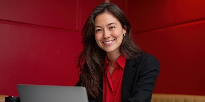 Young asian female professional smiling at laptop in red room
