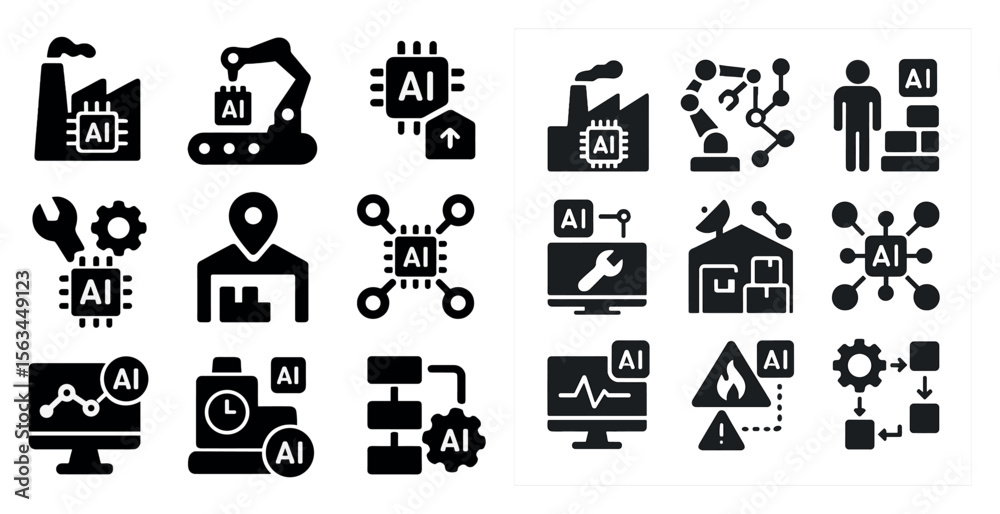 Leinwandbilder The image is a collection of various icons that represent different aspects of technology and engineering. The icons include a robot, a computer, a person, and a building, among others