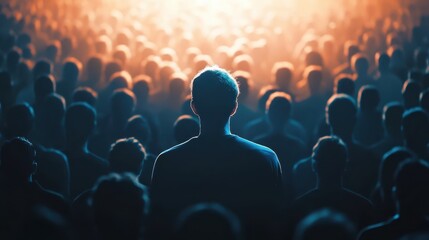 Person Standing in Spotlight Among a Crowd with Dramatic Lighting