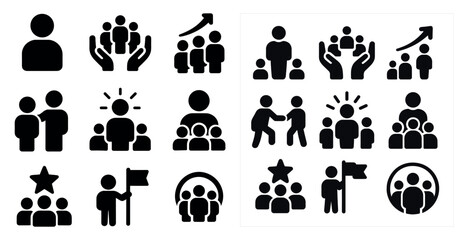 Series of black and white icons of people in various positions, such as holding hands, shaking hands, and giving high fives. Scene is one of teamwork, collaboration, and support