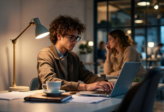 Man working remotely on laptop in cozy office setting