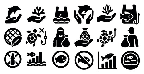 Naklejka premium Collection of black and white icons that represent various concepts related to the ocean and marine life. The icons include a hand holding a fish, a hand holding a turtle, a hand holding a dolphin