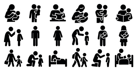 Collection of black and white icons depicting various family moments. The icons include a woman holding a baby, a man holding a baby, a woman reading a book, and a man holding a backpack