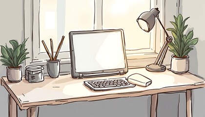 Desk with Laptop and Plant Illustration for Home Office Concept