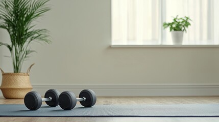 Home Workout Setup with Dumbbells and Yoga Mat in Bright Room