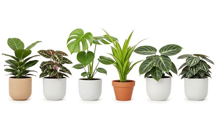 Fototapeta premium Collection of five popular houseplants in modern pots on a white background