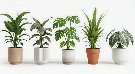 Collection of five diverse potted houseplants arranged in a row against a white background