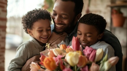 Father and Sons Enjoying a Warm Embrace with Colorful Flowers