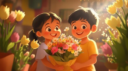 Joyful Children Embracing a Colorful Flower Bouquet Together