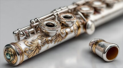 Naklejka premium Close-up artistic capture of an ornate, silver and gold flute instrument