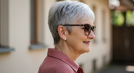 An elderly woman with short gray hair smiles while wearing sunglasses outdoors.