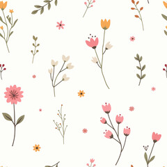 Seamless pattern: stylized pastel flowers and leaves scattered on white, soft light, whimsical, flat illustration, repeating design, warm, cheerful ambiance.