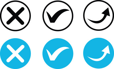 Set of three circular icons with checkmarks crosses and arrows in black and blue