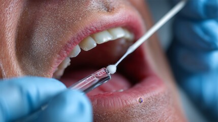 Medical hand taking a DNA test to a man with open mouth. 3