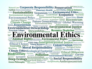 Environmental Ethics Word Cloud. Core Ideas On Nature, Values, Responsibility, Justice