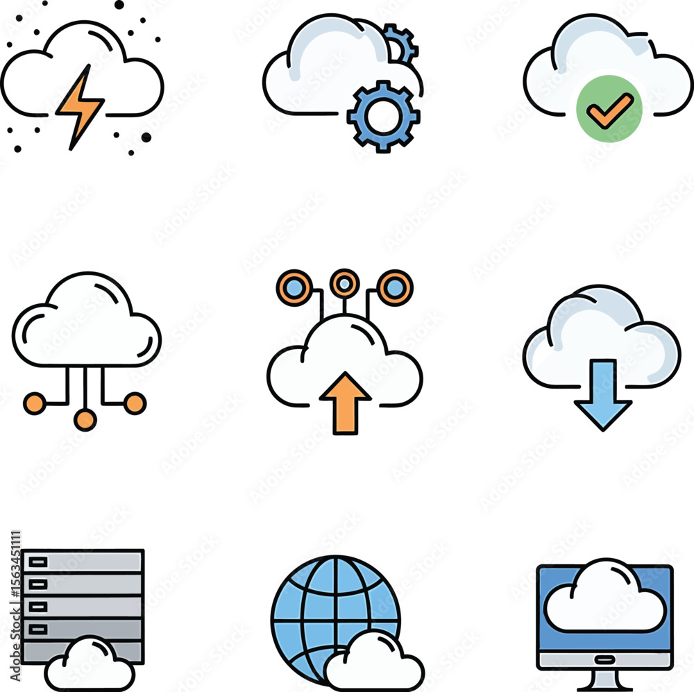 Poster cloud computing icons showcase digital processes, creating a technological mood, highlighting the co