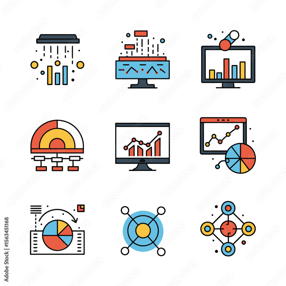Poster data visualization icons display information in a modern graphic style with a teamwork concept and w