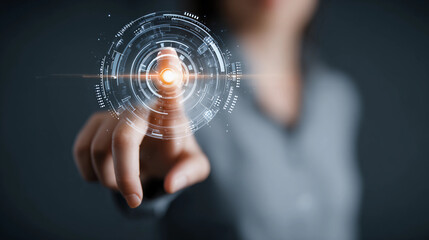 Businesswoman touching virtual hologram, modern interface design
