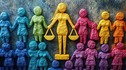 Colorful figures holding scales, diverse women, equality concept, social justice