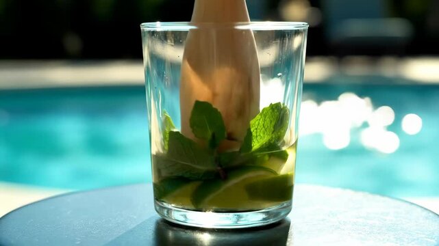 Preparing Refreshing Beverage with Lime and Mint Near Pool