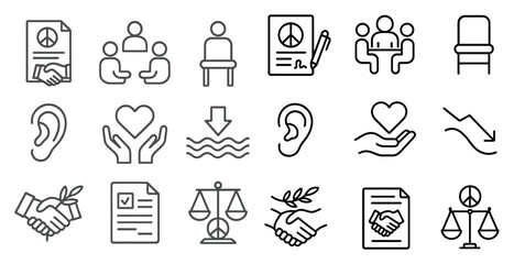 Series of icons that represent various concepts related to peace, justice, and cooperation. These icons include a peace sign, a handshake, a book, a chair, a person sitting, a person standing