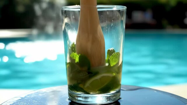 Muddling Mint and Lime in Glass for Summer Drink Preparation