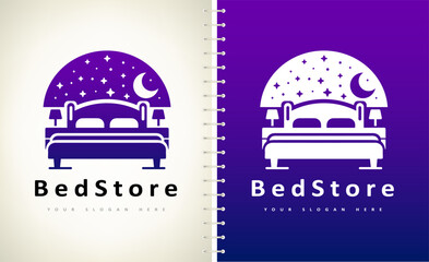 Bed store logo. Bed with pillows, stars and the moon logo vector design. The night sky