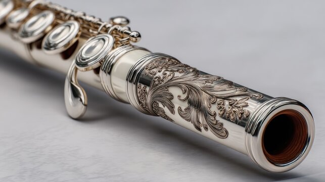 Exquisite Close-Up of an Ornate Silver Flute Headjoint with Floral Engraving