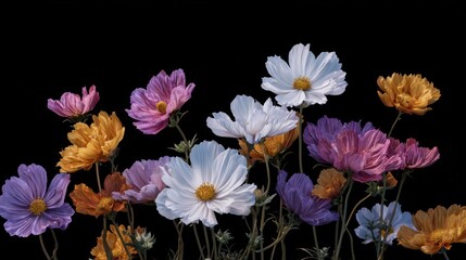 Cosmos Flowers Blossom in Vibrant Color Against a Dark Background