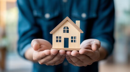 A real estate agent holding a wooden house model in his hand with a blurred background. 8