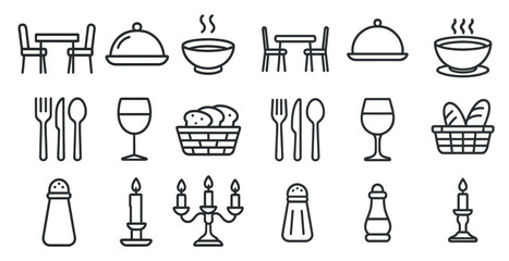 Set of food and drink icons, including a wine glass, a salt shaker, a spoon, a fork, and a knife
