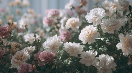 Delicate peonies in soft light, capturing a romantic and ethereal garden scene