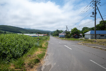 日本の北海道の真っすぐな天に続く道