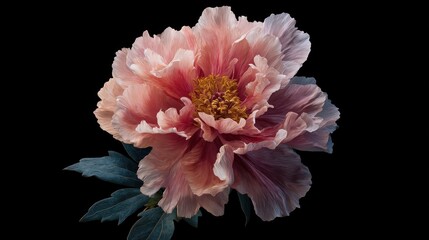 Delicate pink peony blossom with intricate petals against a dark backdrop