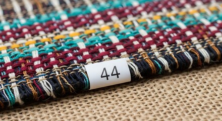 Close-up of Multicolored Woven Textile Fabric Sample with Number 44 Label