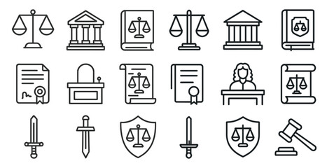 Set of legal symbols and icons. The symbols include a gavel, a sword, a book, a scale, a building, and a person. Scene is serious and formal, as it represents the legal system