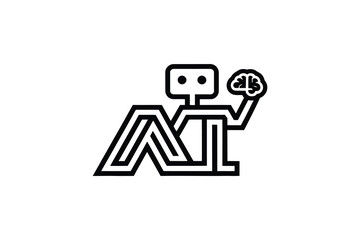 Stylized logo of a robot holding a brain with geometric shapes design