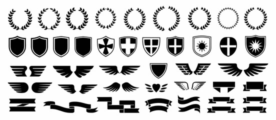 Fototapeta premium Heraldic elements: wreaths, shields, wings, and ribbons for logo or badge design