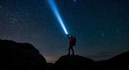 Fototapeta premium Silhouetted climber stands on peak beneath starry Milky Way sky.