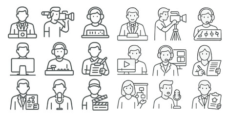 Collection of cartoon characters that represent various professions, such as a cameraman, a news reporter, and a DJ