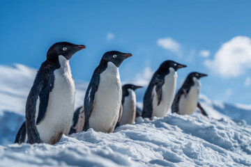 Obraz premium Group of Penguins Standing on Snow Covered Hill Beautiful Winter Scene