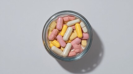 Multicolor capsules and tablets in glass jar on white surface casting shadow