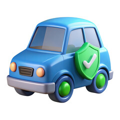 3d blue car with green shield icon isolated on transparent background