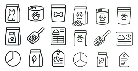 Set of pet supplies including a bag of dog food, a bag of cat food, a bag of dog treats, a bag of cat treats, a bag of dog biscuits, a bag of cat biscuits, a bag of dog chews, a