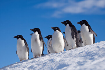 Group of Penguins Standing on Snow Covered Hill Beautiful Winter Scene