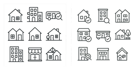 Fototapeta premium Set of house icons, including a house with a truck parked in front of it. The icons are arranged in two rows, with the first row featuring a variety of house styles