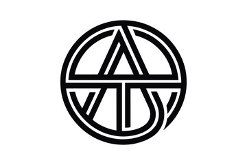 A black and white circular emblem with interwoven lines and shapes design